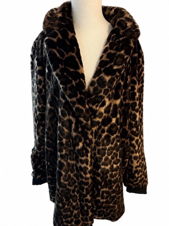 Tahari Jackets & Blazers - Elie Tahari Faux Fur Leopard Print Coat Jacket Faux Leather Trim L Animal Glam